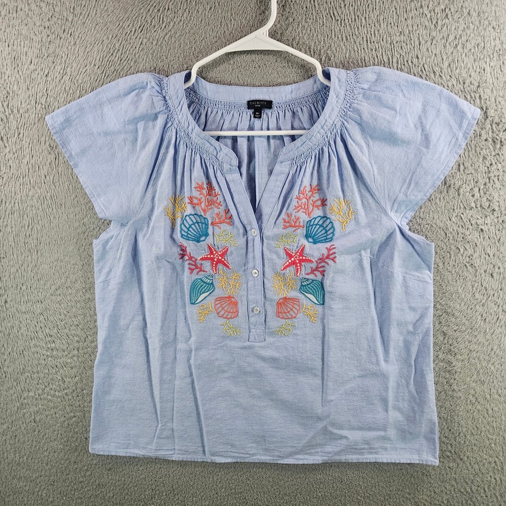 Talbots Petite Blue Embroidered Coastal Shells Starfish Cotton Linen Top MP